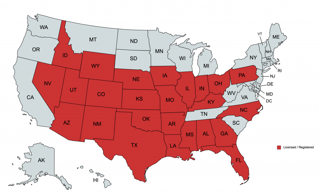 map of states where Coates Roofing is licenses and registered to work