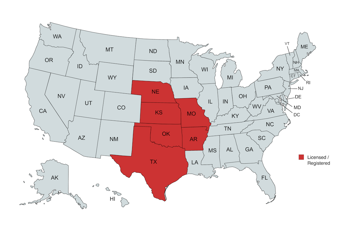 Map of states in which Coates Roofing is licensed and registered